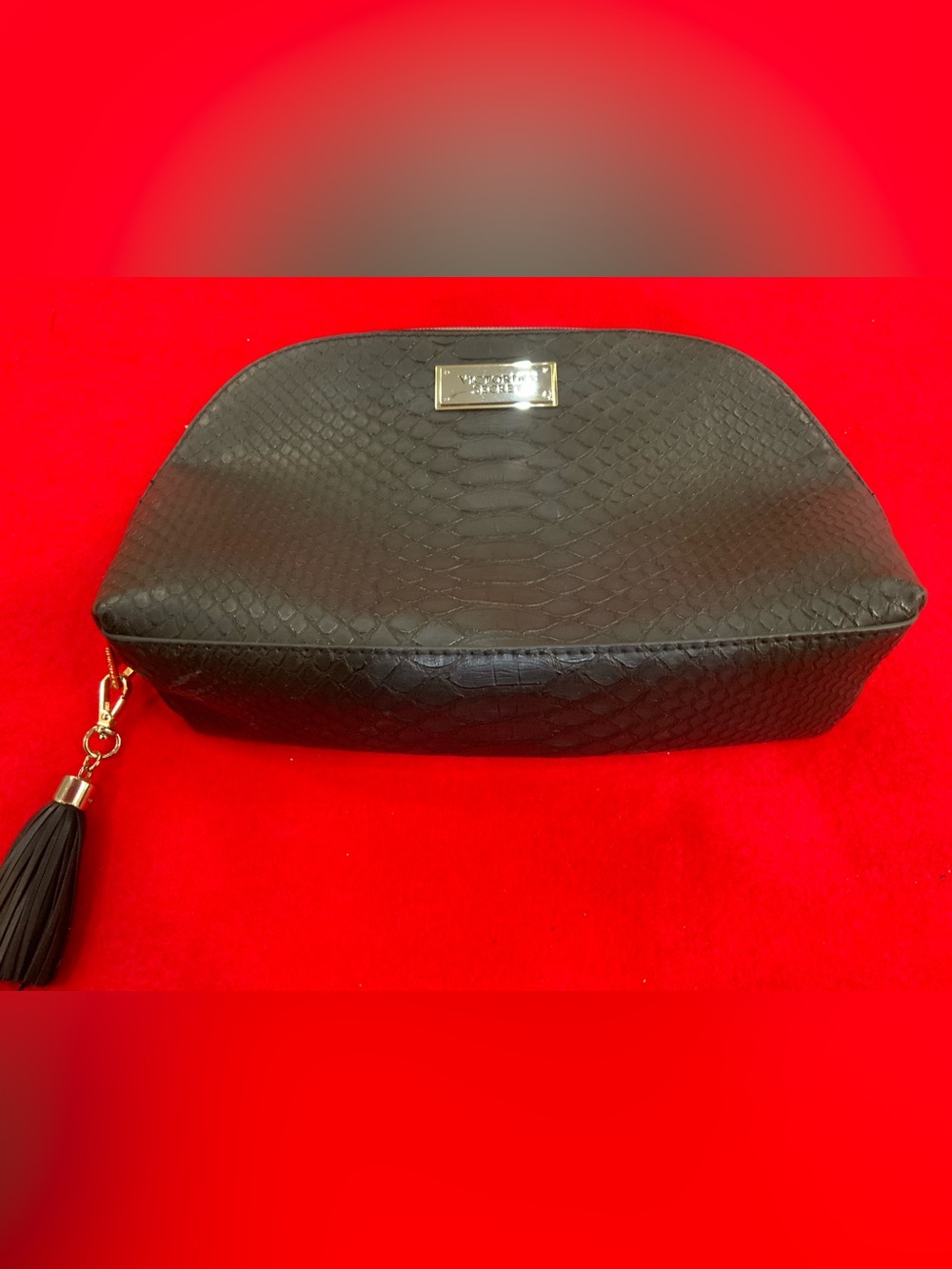 Victoria's Secret Black Snake-Embossed Cosmetic Pouch with Gold Plate & Tassel